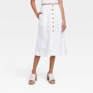 Linen Blend White Button-Front Midi Skirt